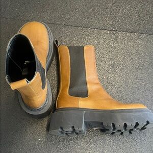 Sportmax Tan Leather Chelsea Lug Boots with Black Elastic